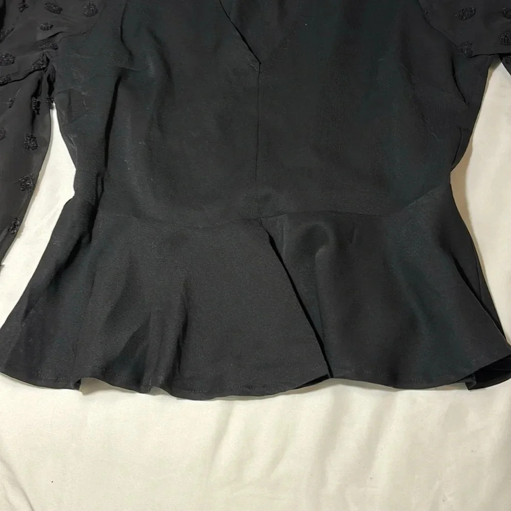 Peplum V-Neck Long Balloon Sleeve Swiss Dot Black Blouse - Picture 5 of 13